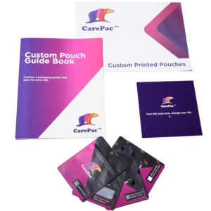 Pouch Samples, Guide Book and Card on a white surface
