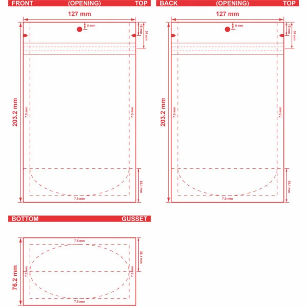Custom Printed Stand Up Pouch 5x8x3 Dieline