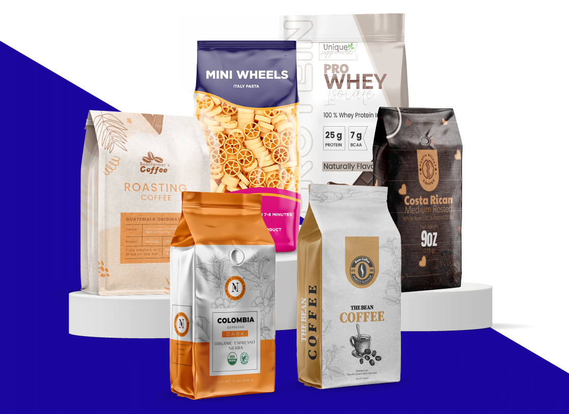 Custom printed quad seal bags A family group shot of all the different types of custom quad seal bags Carepac offers including pasta, coffee and whey protein bags.
