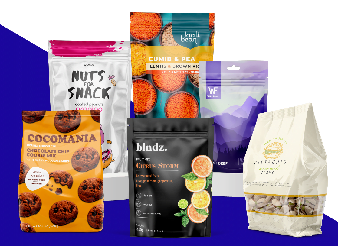 A family group shot of all the different types of dry food packaging bags Carepac offers including nuts, cookies, flour, baking powder and othr snack bags.