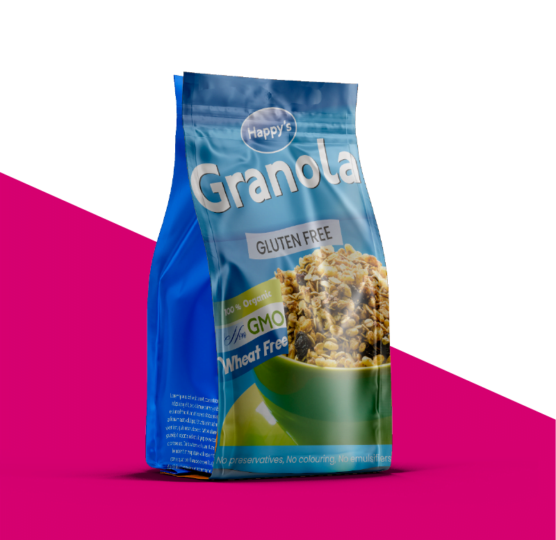 custom quad seal bags Carepac offers including granola food packaging