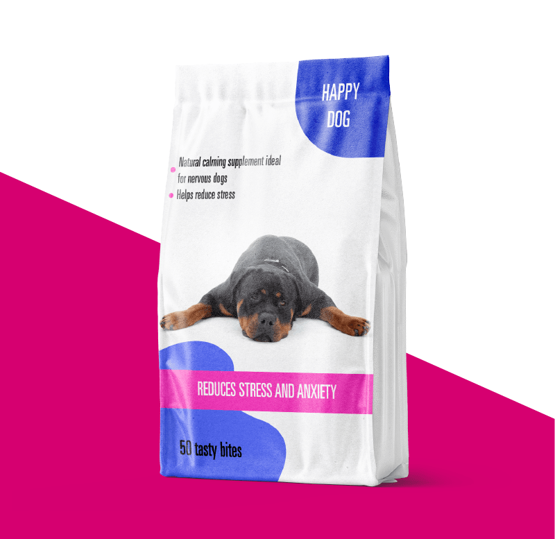custom quad seal bags Carepac offers including dog calming supplement and dog food packaging