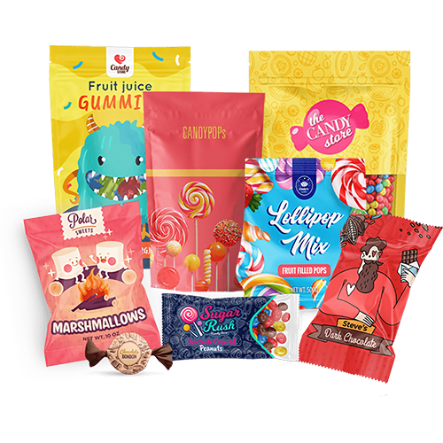A family group shot of all the different types of custom candy pouch bags Carepac offers including chocolate, sweets and cookie bags.