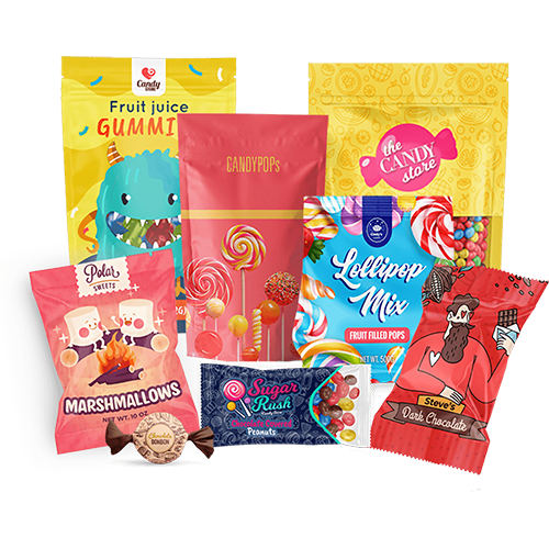 Custom Candy Packaging A family group shot of all the different types of custom candy pouch bags Carepac offers including chocolate, sweets and cookie bags.