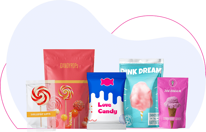 Custom Candy Pouches Packaging Sweets Pouches A family group shot of all the different types of custom candy pouch bags