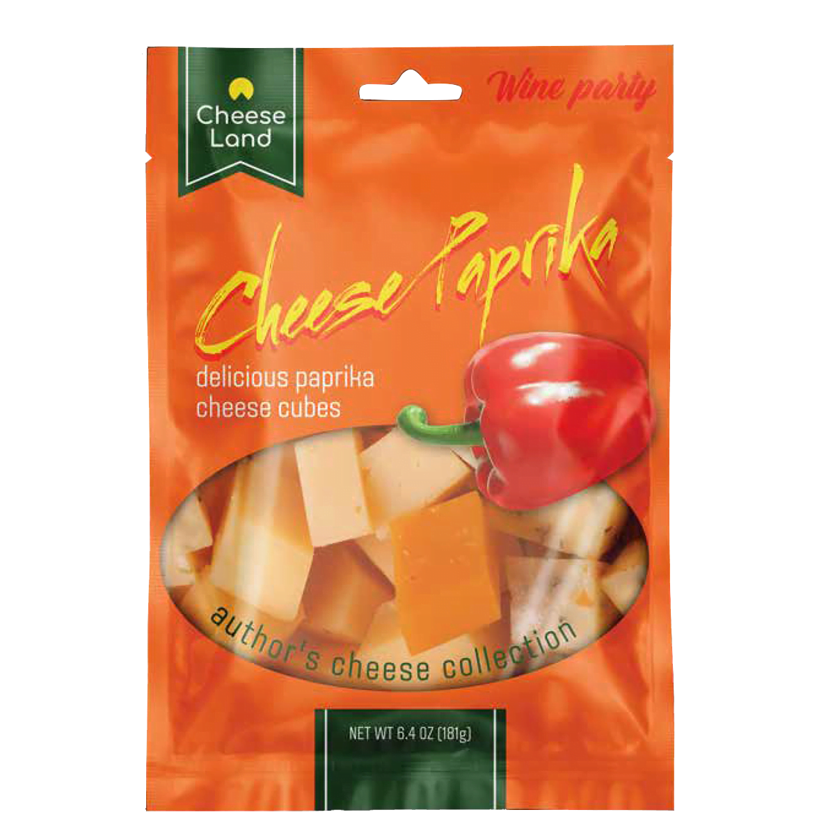 Orange flexible packaging for cubed cheese Cheese Paprika brand. 