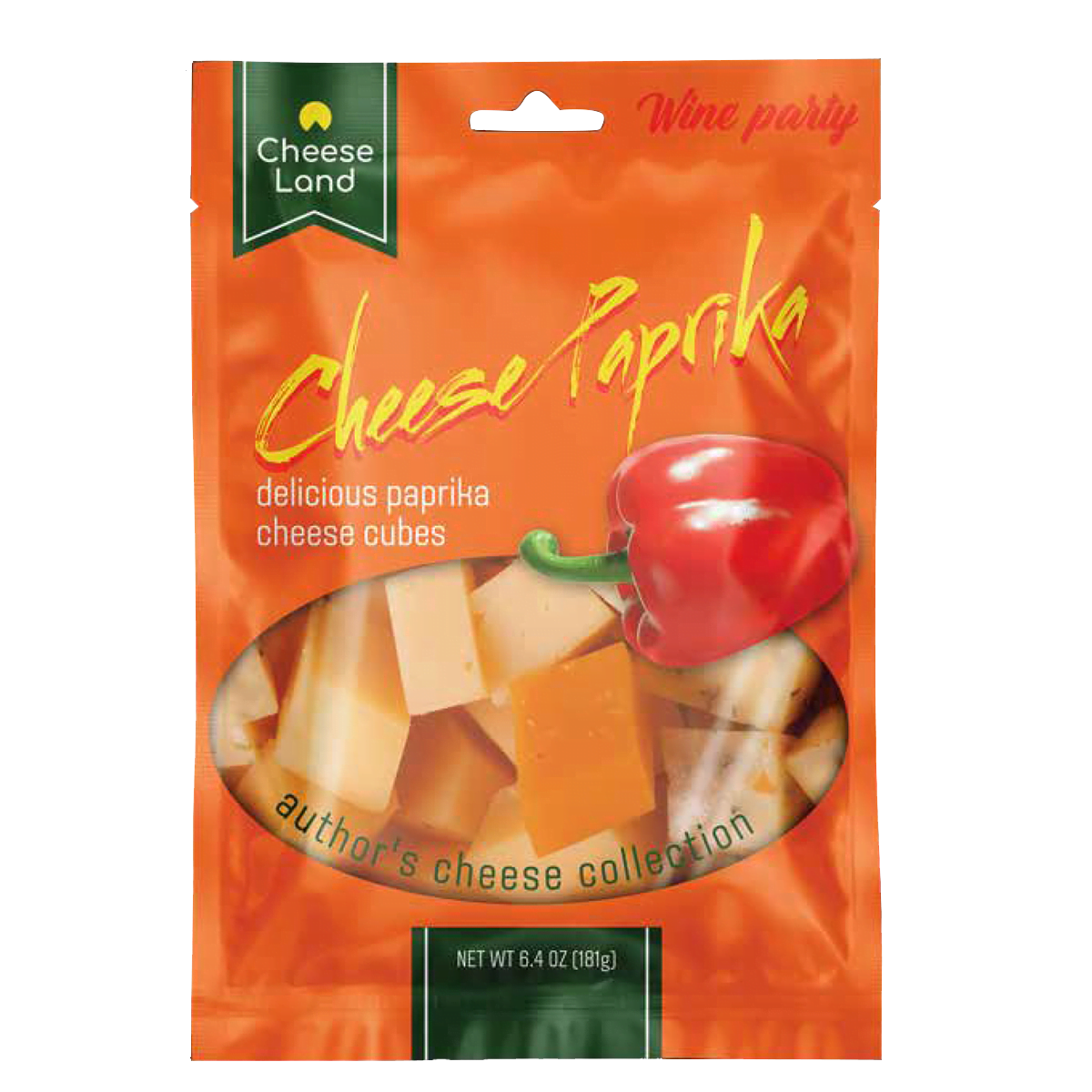 Cubed Cheese Packaging Orange flexible packaging for cubed cheese Cheese Paprika brand.