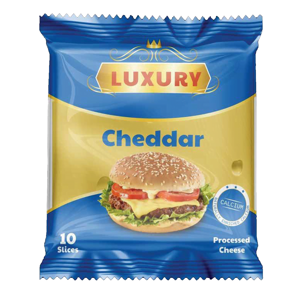 Sliced Cheese Packaging Blue and yellow slided cheese fin seal pouch.