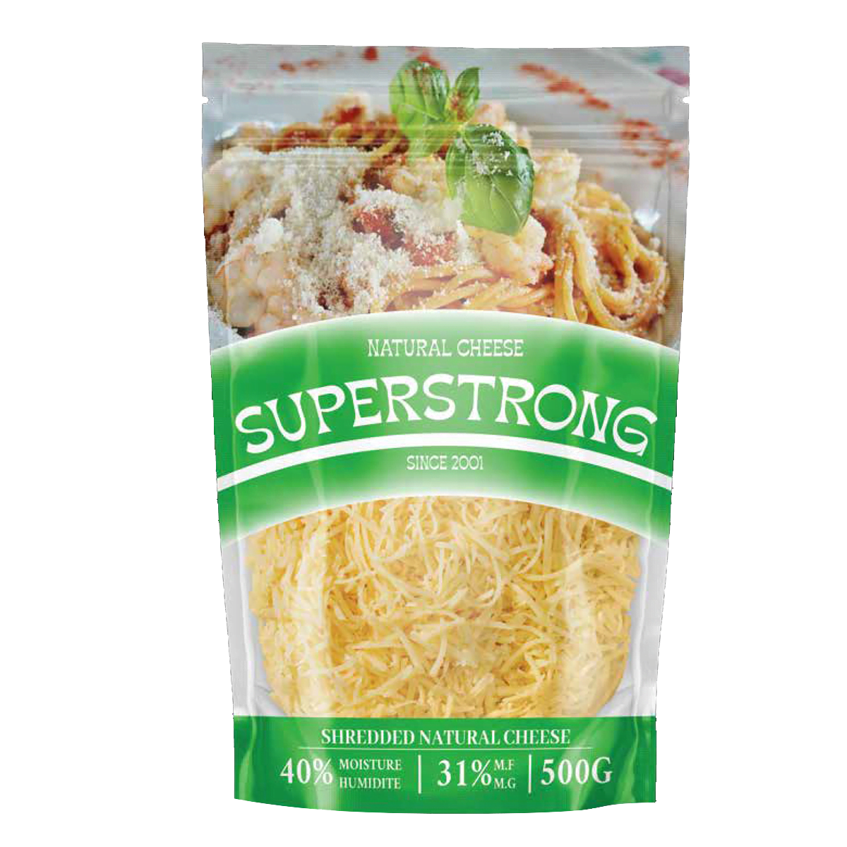 Superstrong green shredded cheese packaging bag. 