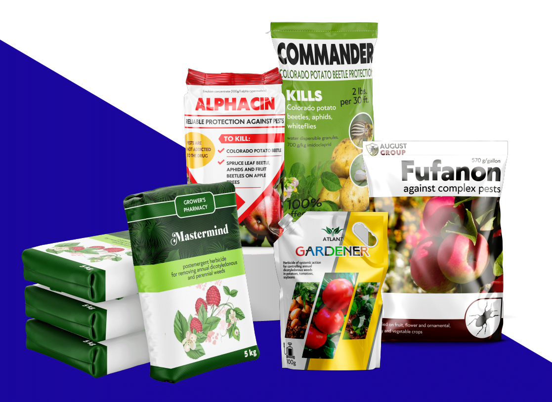 A family group shot of all the different types of custom herbicide bags Carepac offers including lawn & garden product. Herbicide Packaging Custom Herbicide Bags