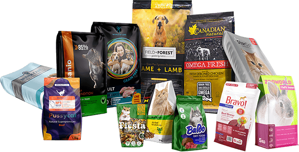 A family group shot of all the different types of custom pet bags Carepac offers including dog, cat and animal food bags.