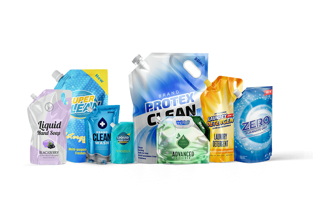 Sustainable Soap Packaging A collection of liquid soap pouches on a surface.