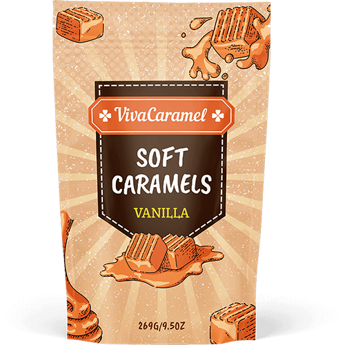 A custom printed pouch for caramel with printed matte finish bag
