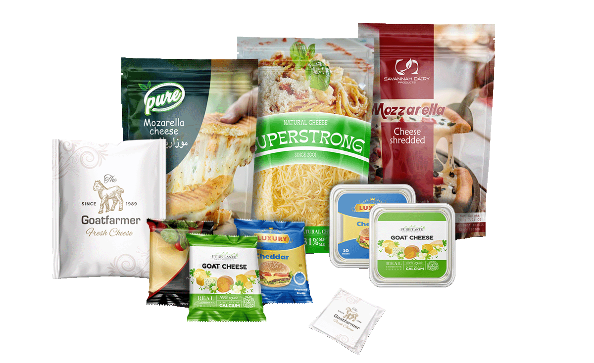 Collection of Custom cheese packaging a group of custom printed cheese pouches organized on a surface.