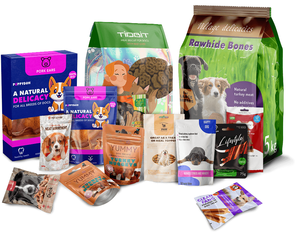 A family group shot of all the different types of custom dog treat pouch bags