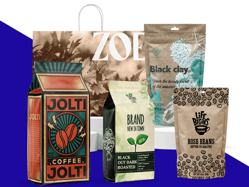 Flexo Printing Packaging Application A family group shot of all the different types of custom flexo packaging bags Carepac offers including stand up pouch, 8 Seal pouch and box bottom bags.