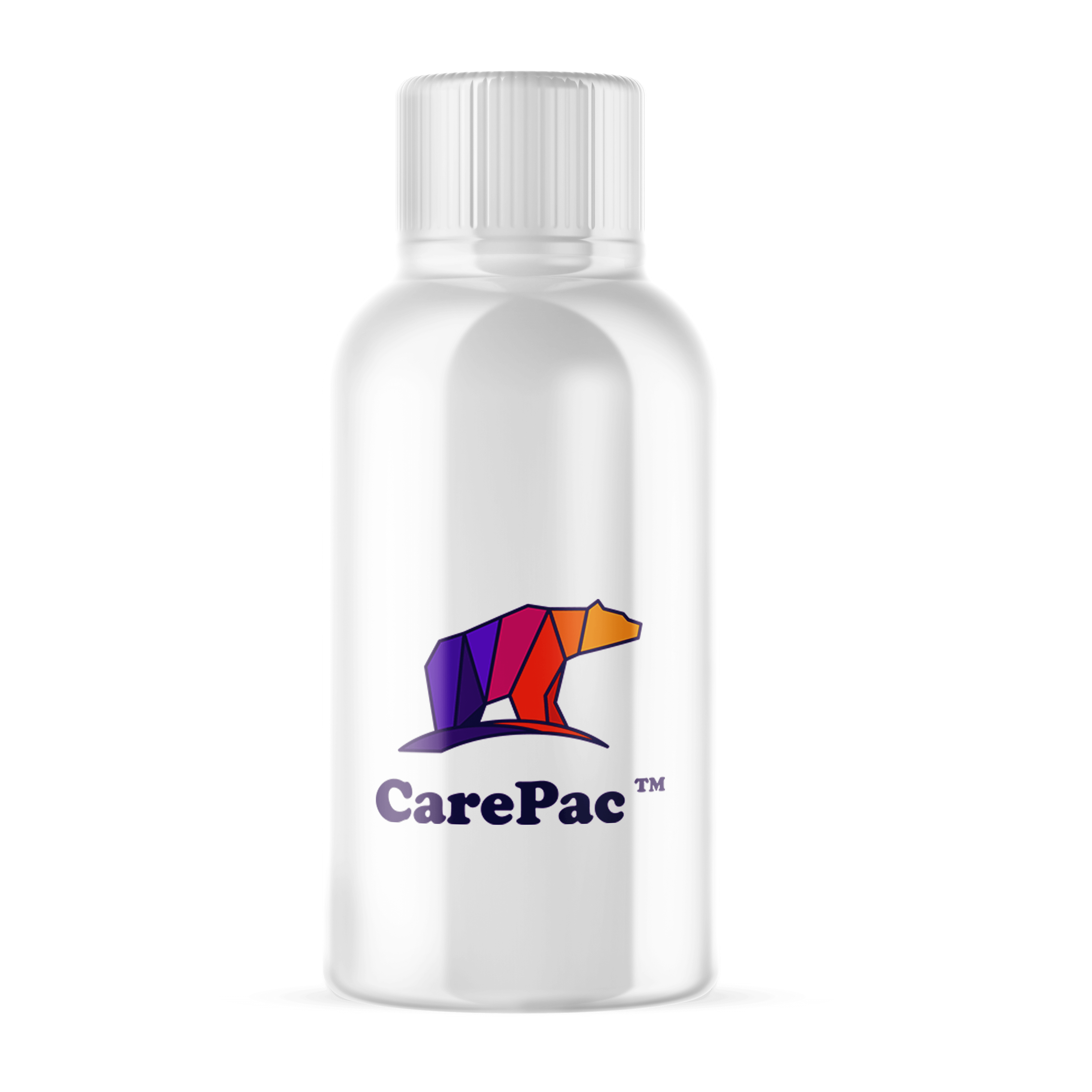 Custom printed Shrink Sleeves Bottle with white shrink sleeve and the CarePac logo custom printed on the sleeve