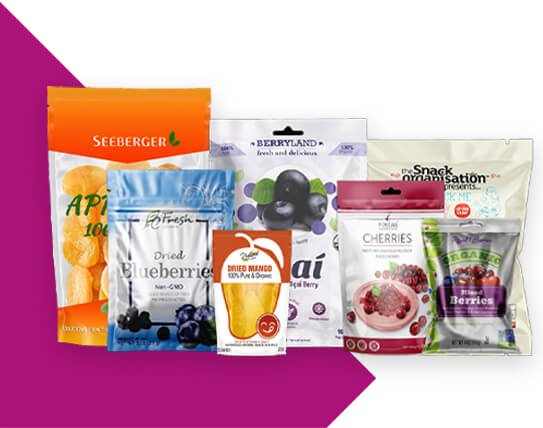 A family group shot of all the different types of custom dried fruit pouch Carepac offers including single use, stand up pouch or lay flat dried fruit pouch