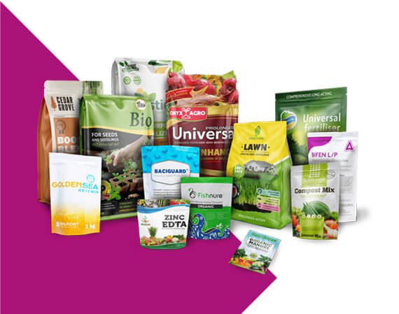 Fertilizer Packaging Custom Fertilizer Bags A family group shot of all the different types of custom fertilizer bags Carepac offers including organic garden fertilizer and agricultural packaging.