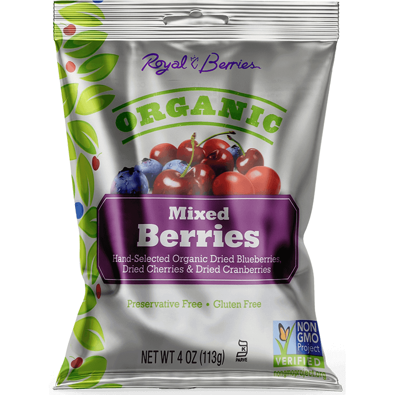 Dried fruits and berries packaging on CarePac Glossy Finish Aluminum Material Fin Seal Bag