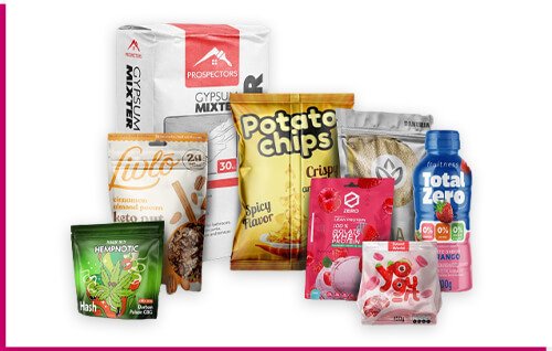A family group shot of all the different types of custom Rotogravure Printed Pouches Carepac offers including granola, snack, candy, coffee, cannabis and powder bags.