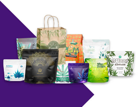 Custom printed cannabis exit bags A family group shot of all the different types of custom exit bag Carepac offers including ASTM Exit Bags and Hemp Shopping Style Bags.