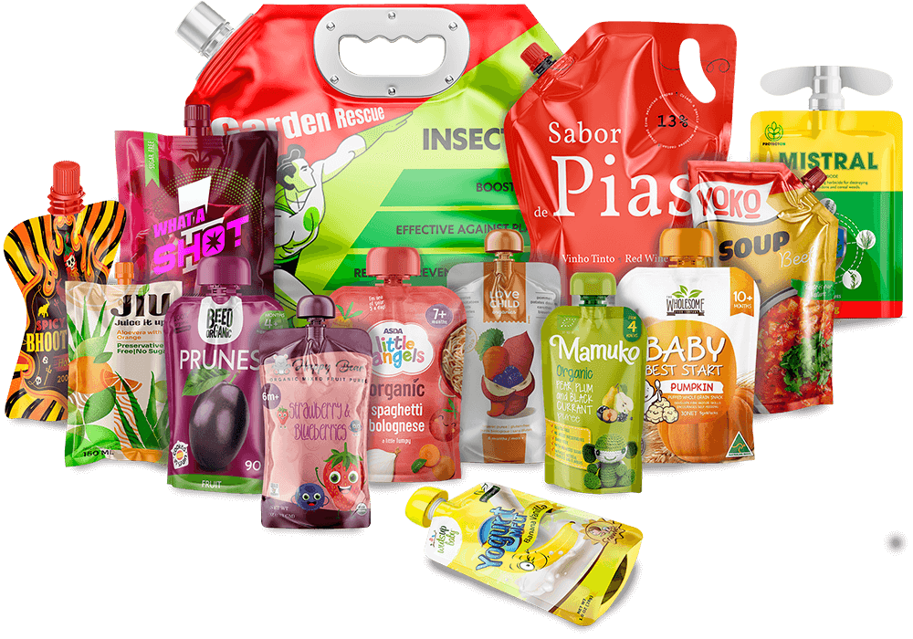 A family group shot of all the different types of custom stand up pouch with spout bags Carepac offers including baby food, fruit juices and insect pesticide bags.