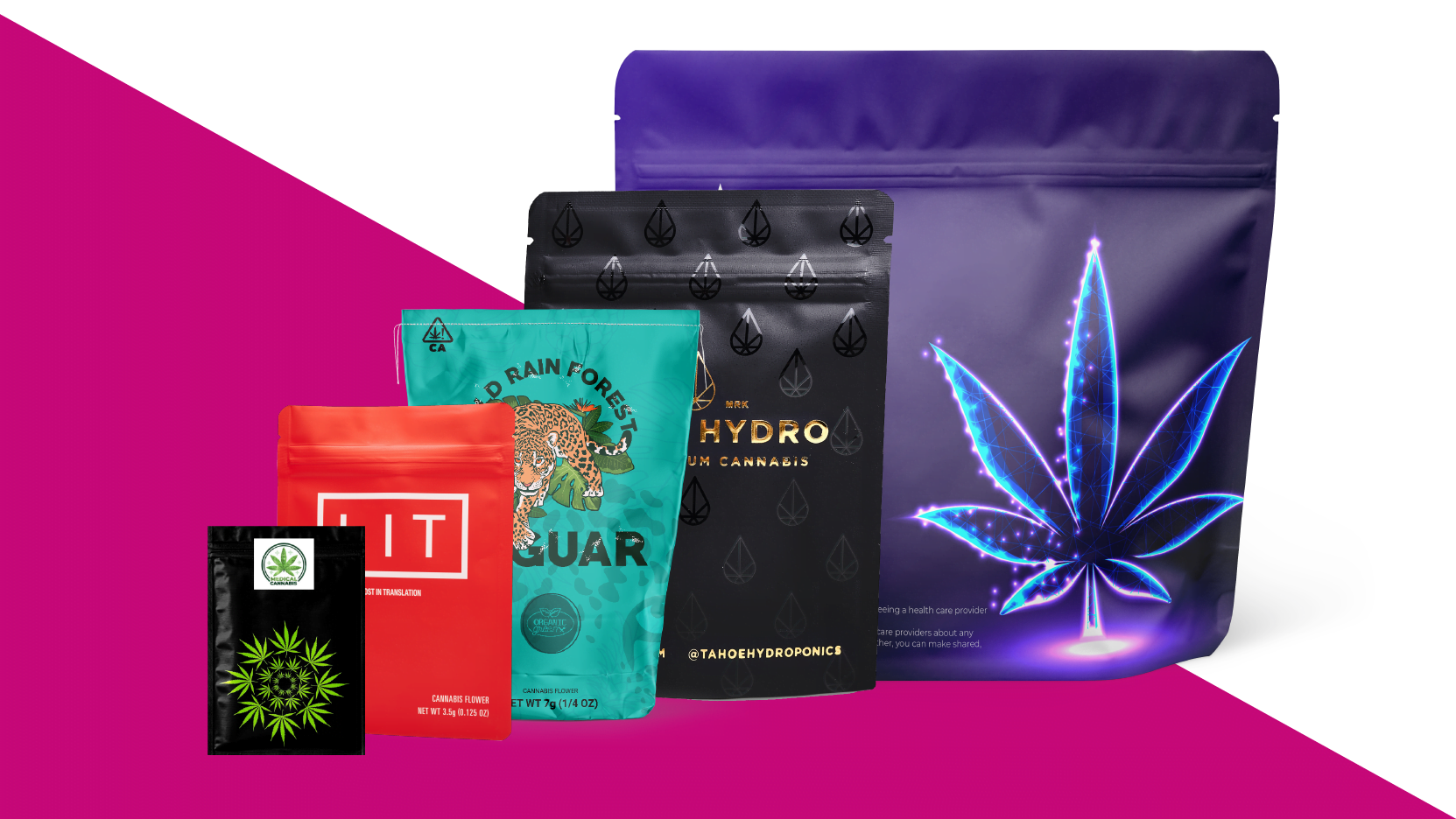 Weed Size Packaging Option Group picture of Stand Up Pouch" with bottom gusset, rounded corners, zipper and tear-notch.