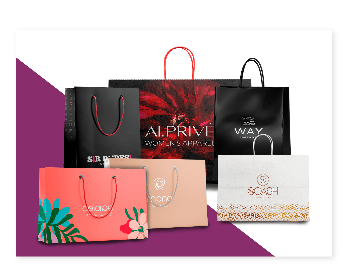 A family group shot of all the different types of Custom Shopping Bags Carepac offers