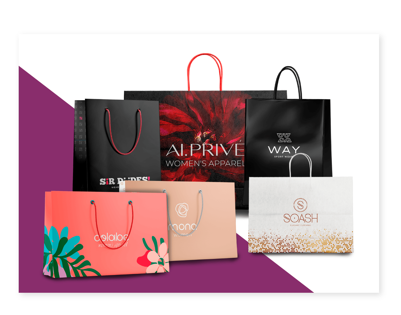 Custom Printed Plastic Bags | Shopping Bags & Takeout Bags A family group shot of all the different types of Custom Shopping Bags Carepac offers