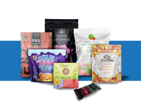 A family group shot of all the different types of custom edible packaging Carepac offers in keeping Gummies and Candies, Chocolates and Baked Goods