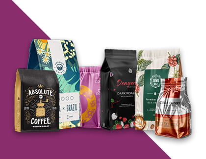 A family group shot of all the different types of Custom Coffee Bags Carepac offers Plastic Printed Tea & Coffee Packaging Pouch