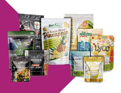 Custom Freeze Dried Fuit Packaging A family group shot of Printed Dried Fruit Pouches Freeze Dried Fruits Flexible Plastic Doypack Packaging