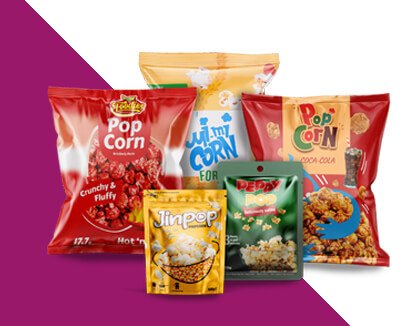 A family group shot of all the different types of Custom Popcorn packaging Carepac offers Custom Printed Heat Seal Snack Food Packaging Back Sealed Popcorn Packing Snack Food Bags Popcorn Bag