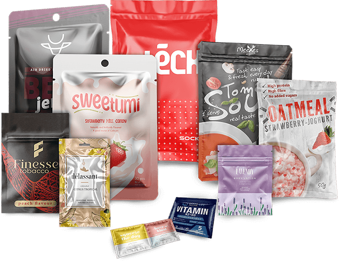 Flat Pouches Flat Bags Printed Flat Pouches Packaging Bags A family group shot of all the different types of custom lay flat pouch Carepac offers 3 Seal Pouch, 2 Seal Pouch, Fin Seal Pouch and Poly Bags