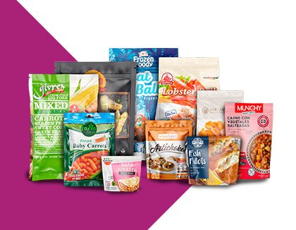 Frozen Food Pouch Bags A family group shot of all the different types of custom frozen food packaging Carepac offers in keeping Frozen Food Fresh Best Packaging for Frozen Meals