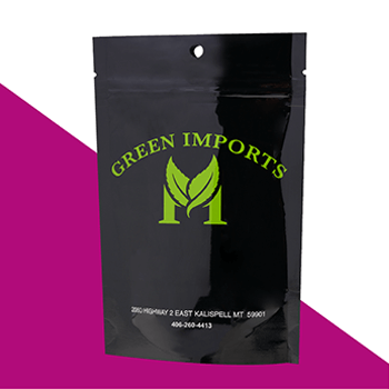 Green Imports Marijuana Doy Pack Glossy Black Child-Resistant Opaque Mylar Bag Printed Logo in Front with Tear Notch and Hang Hole