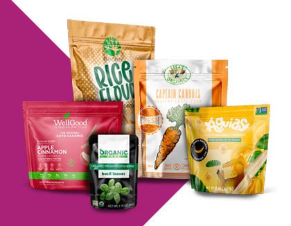 Sustainable Packaging For Organic Food A family group shot of Printed Organic Food Pouches Flexible Plastic Doypack Packaging