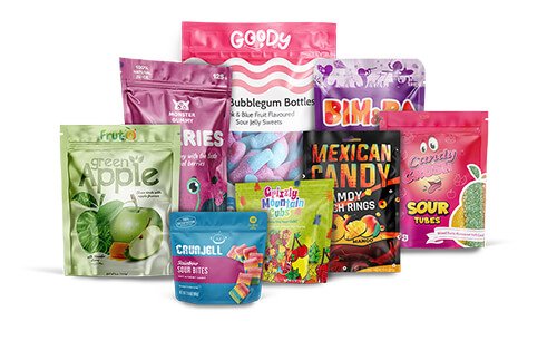 A family group shot of all the different types of custom gummy packahing Carepac offers including single use, stand up pouch or lay flat dried gummies pouch