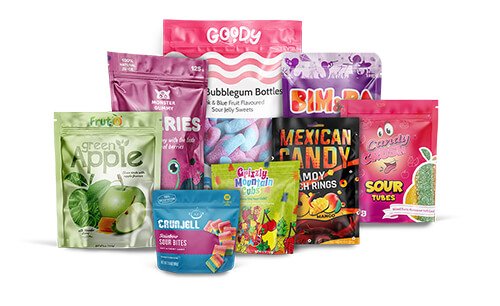 Gummy Candy Packaging A family group shot of all the different types of custom gummy packahing Carepac offers including single use, stand up pouch or lay flat dried gummies pouch