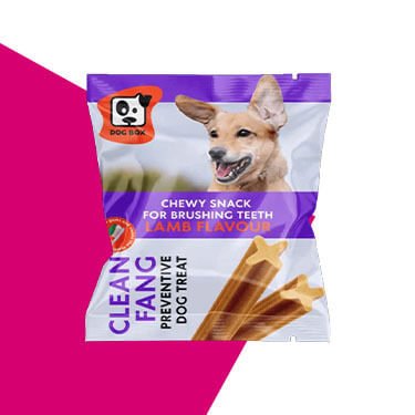 CarePac custom dog treat packaging for Clean Fang preventive chews, featuring lamb-flavored dental sticks that support oral health and fresh breath, shown with a happy dog on the package design